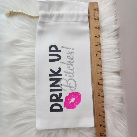 Wine Bag Drink Up Bitches Drawstring Bottle Bag - White with Pink Lip - Picture 3 of 4